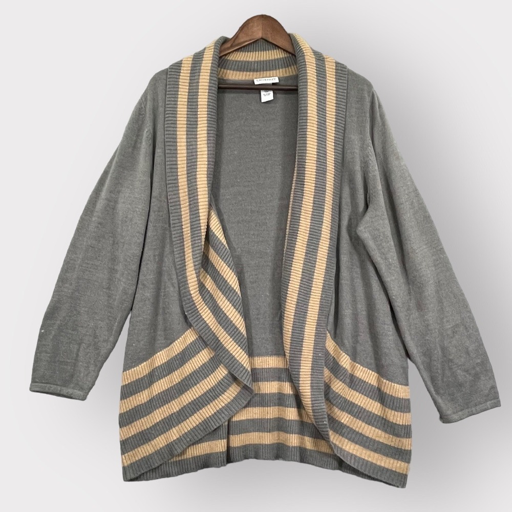 Catherines Cardigan Women 18/20W Grey Tan Striped Shawl Collar Open Front Good
